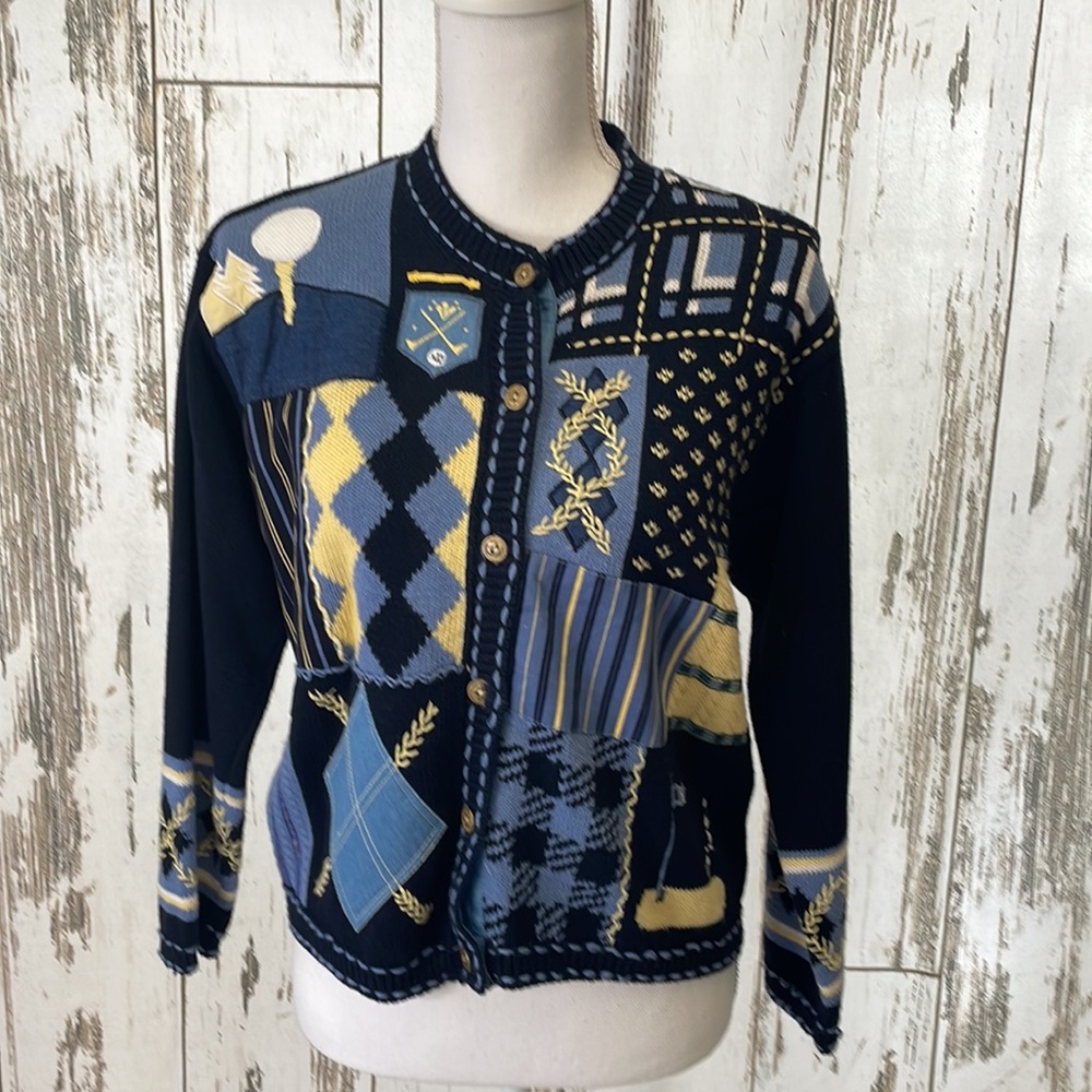 Susan Bristol Hand Embroidered Golf Themed Cardigan Navy Blue Size Sm.